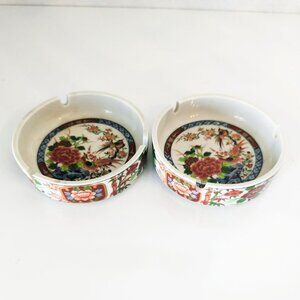 Vintage Japanese Bird and Floral Cloisonne Porcelain 3 Slot Ashtrays. Lot Of 2
